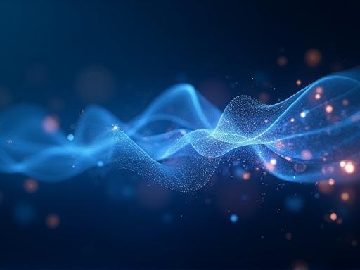 Still frame from an abstract motion graphics project with flowing lines and particles